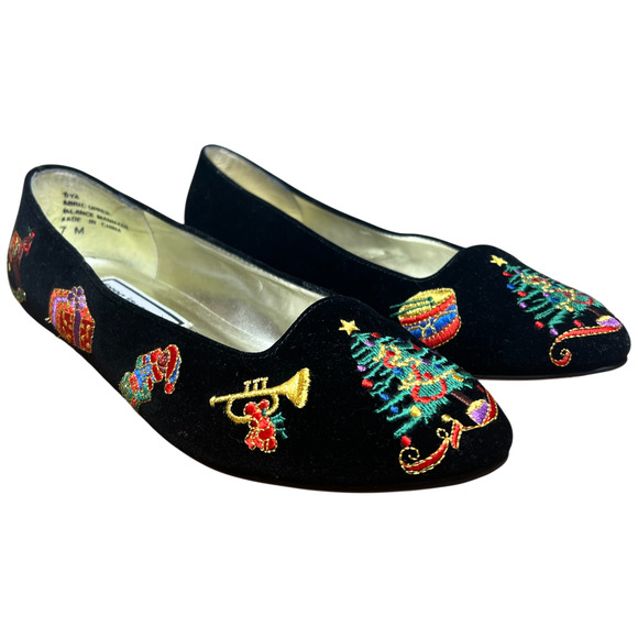 Vtg DONNA LAWRENCE Toya Women 7M Black Velvet Christmas Slip On Shoes XMAS Flats - Picture 1 of 16